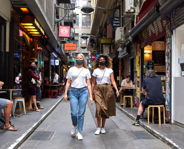 two female tourists walking through Centre Place laneway